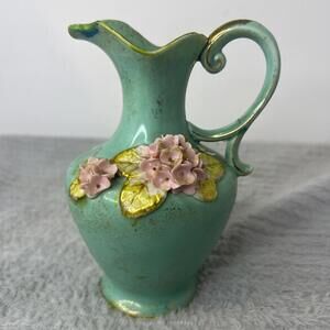 Vintage 1956 LEFTON Turquoise/Teal/Green Blue Gold Trim Pink Flower Pitcher Vase